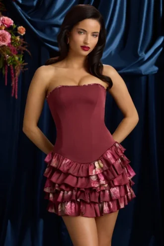 Robe courte bustier à volants et corset Juliet, imprimé floral bordeaux