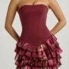 Robe courte bustier à volants et corset Juliet, imprimé floral bordeaux Robe courte bustier à volants et corset Juliet, imprimé floral bordeaux