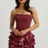 Robe courte bustier à volants et corset Juliet, imprimé floral bordeaux Robe courte bustier à volants et corset Juliet, imprimé floral bordeaux
