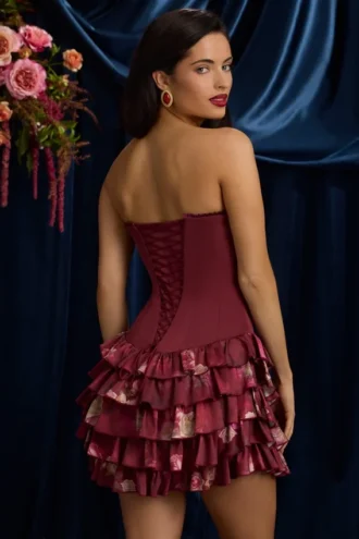 Robe courte bustier à volants et corset Juliet, imprimé floral bordeaux