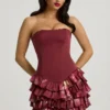 Robe courte bustier à volants et corset Juliet, imprimé floral bordeaux Robe courte bustier à volants et corset Juliet, imprimé floral bordeaux