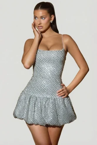 Robe courte Callie à ourlet bouffant orné, couleur argent