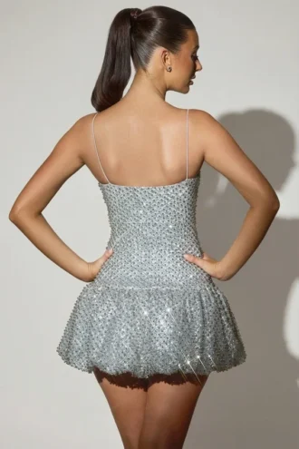 Robe courte Callie à ourlet bouffant orné, couleur argent