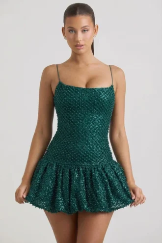 Robe courte Callie à ourlet bouffant orné, vert sarcelle