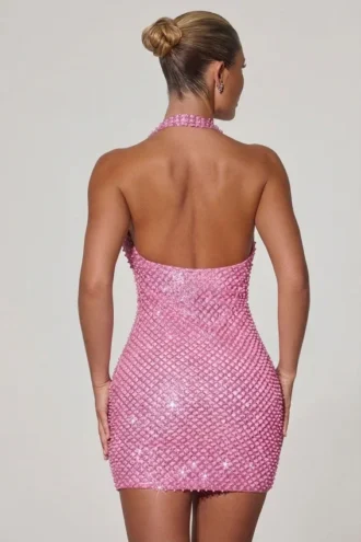 Robe courte à col bénitier Mabella avec détails en forme de cœurs, rose