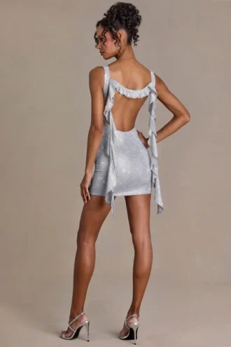 Robe courte Delphine à encolure plongeante et col bénitier, ornée de strass, en argent