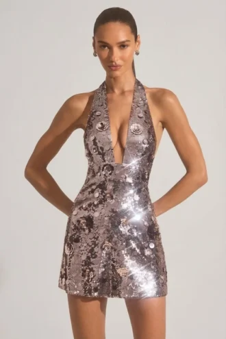 Robe courte dos nu Avenza ornée de paillettes, couleur argent
