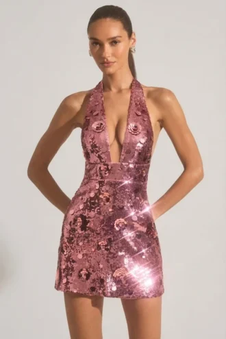 Robe courte dos nu Avenza ornée de paillettes, rose