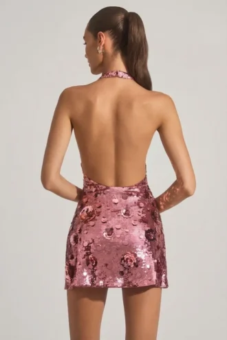 Robe courte dos nu Avenza ornée de paillettes, rose