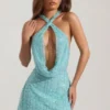 Robe courte dos nu à col bénitier ornée Sylune, bleu aqua Robe courte dos nu à col bénitier ornée Sylune, bleu aqua