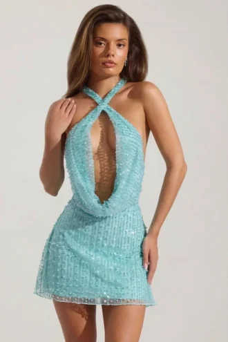 Robe courte dos nu à col bénitier ornée Sylune, bleu aqua