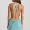 Robe courte dos nu à col bénitier ornée Sylune, bleu aqua Robe courte dos nu à col bénitier ornée Sylune, bleu aqua