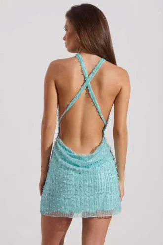 Robe courte dos nu à col bénitier ornée Sylune, bleu aqua