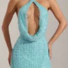Robe courte dos nu à col bénitier ornée Sylune, bleu aqua Robe courte dos nu à col bénitier ornée Sylune, bleu aqua