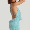 Robe courte dos nu à col bénitier ornée Sylune, bleu aqua Robe courte dos nu à col bénitier ornée Sylune, bleu aqua