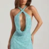 Robe courte dos nu à col bénitier ornée Sylune, bleu aqua Robe courte dos nu à col bénitier ornée Sylune, bleu aqua