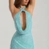 Robe courte dos nu à col bénitier ornée Sylune, bleu aqua Robe courte dos nu à col bénitier ornée Sylune, bleu aqua