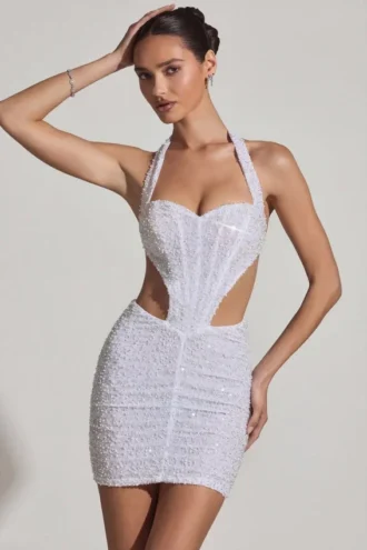 Robe courte dos nu à découpes ornées Lucia en blanc