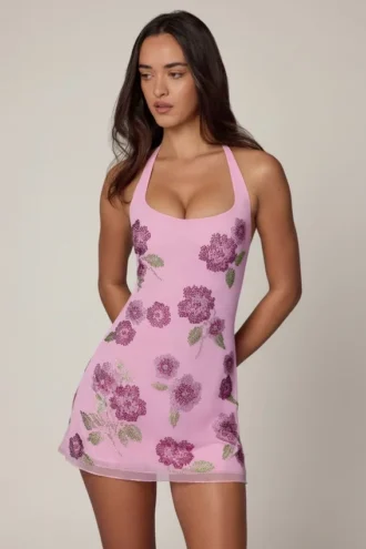 Robe courte dos nu Galene ornée de paillettes, rose pâle