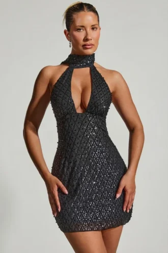 Robe courte dos nu Henrietta avec détail foulard orné, en noir
