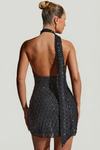 Robe courte dos nu Henrietta avec détail foulard orné, en noir