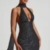 Robe courte dos nu Henrietta avec détail foulard orné, en noir Robe courte dos nu Henrietta avec détail foulard orné, en noir