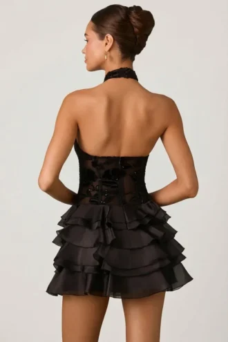 Robe courte dos nu à volants et ornements Petalia en noir