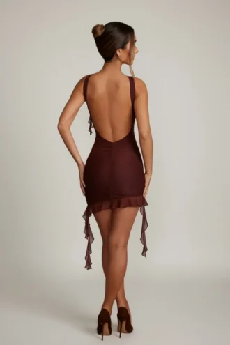 Robe courte dos nu à volants Iolanda en marron