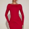 Robe courte drapée à col bateau en jersey doux Briallen, rouge vif Robe courte drapée à col bateau en jersey doux Briallen, rouge vif