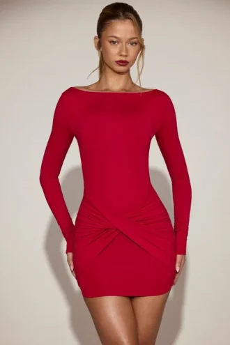 Robe courte drapée à col bateau en jersey doux Briallen, rouge vif