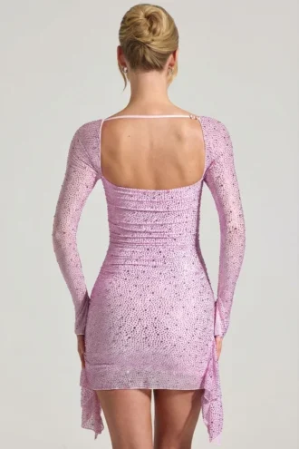 Robe courte drapée à col bénitier Marilla, rose pivoine