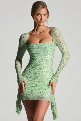 Robe courte drapée à col bénitier ornée Marilla, couleur pistache