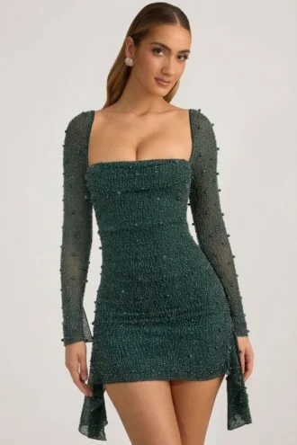 Robe courte drapée à col bénitier ornée Tivoli, vert émeraude