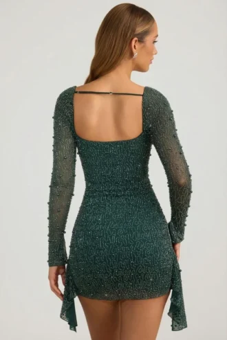 Robe courte drapée à col bénitier ornée Tivoli, vert émeraude