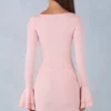 Robe courte drapée à manches longues en modal côtelé Helena, rose poudré Robe courte drapée à manches longues en modal côtelé Helena, rose poudré