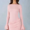 Robe courte drapée à manches longues en modal côtelé Helena, rose poudré Robe courte drapée à manches longues en modal côtelé Helena, rose poudré