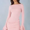 Robe courte drapée à manches longues en modal côtelé Helena, rose poudré Robe courte drapée à manches longues en modal côtelé Helena, rose poudré