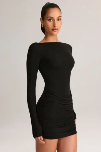 Robe courte drapée à manches longues et col bateau en modal Eska, couleur noir