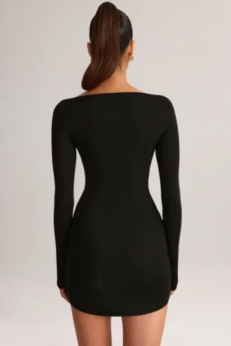 Robe courte drapée à manches longues et col bateau en modal Eska, couleur noir