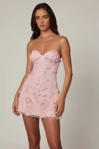 Robe courte Edita à bandeau et coupe trapèze, ornée de paillettes, rose ballet