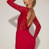 Robe courte Eirlys en dentelle transparente à col bateau, couleur rouge vif Robe courte Eirlys en dentelle transparente à col bateau, couleur rouge vif