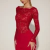 Robe courte Eirlys en dentelle transparente à col bateau, couleur rouge vif Robe courte Eirlys en dentelle transparente à col bateau, couleur rouge vif