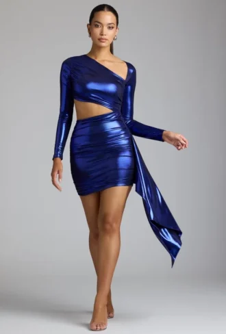 Robe courte en jersey métallisé à découpes Nasira, bleu électrique