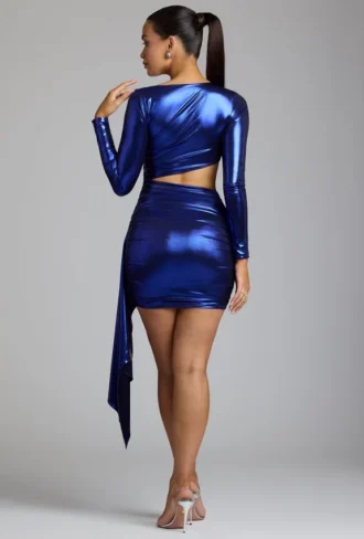 Robe courte en jersey métallisé à découpes Nasira, bleu électrique