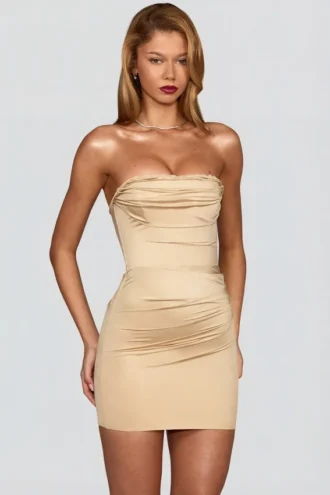 Robe courte en satin à volants et bandeau froncé Yesenia, couleur champagne