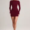 Robe courte Eska en modal à col bateau drapé et manches longues, couleur vin Robe courte Eska en modal à col bateau drapé et manches longues, couleur vin
