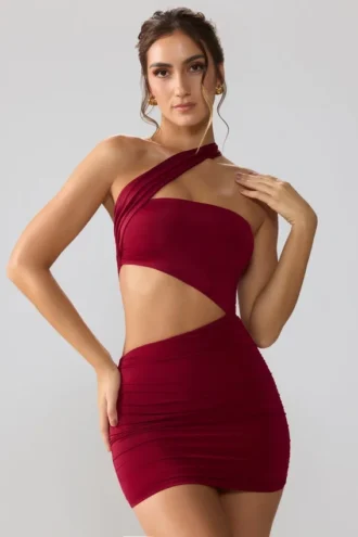 Robe courte froncée et ajourée en jersey moulant Shyla, couleur rubis