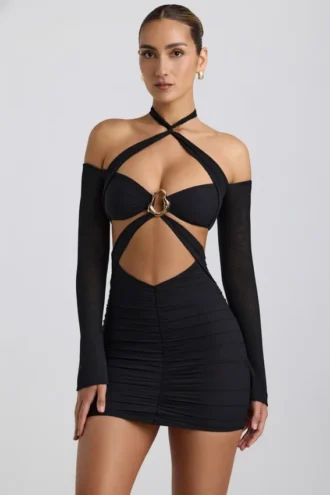 Robe courte à fronces et découpes Kemina à épaules dénudées, couleur noire