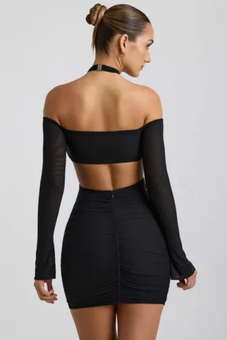 Robe courte à fronces et découpes Kemina à épaules dénudées, couleur noire