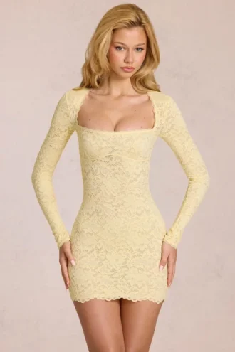 Robe courte à manches longues en dentelle festonnée Darla, jaune citron